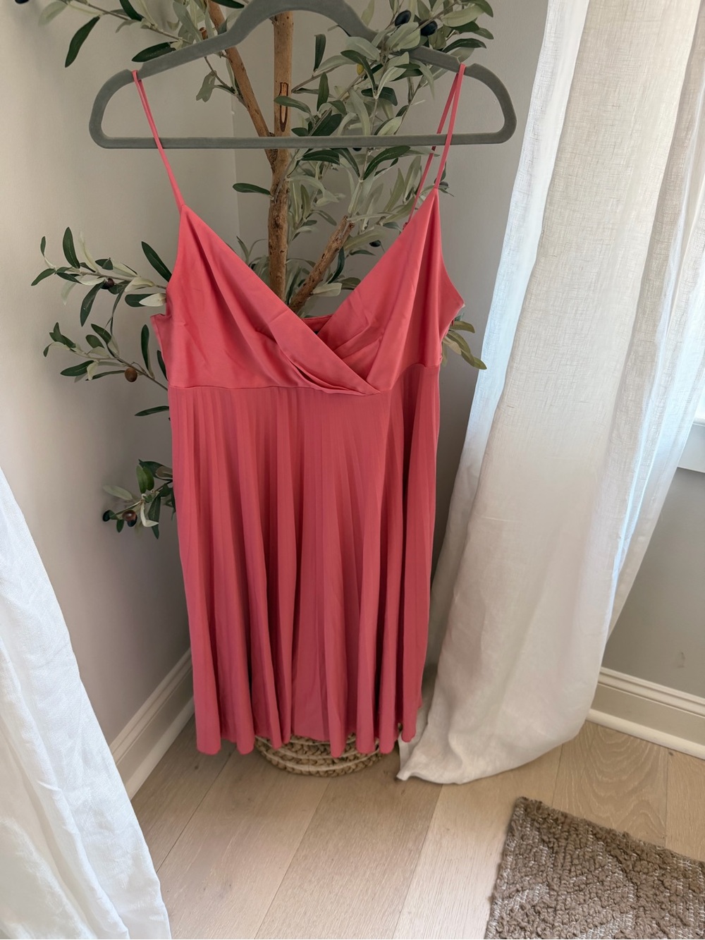 Max & Cleo Coral Pink Pleated Slip Dress with Spaghetti Straps
